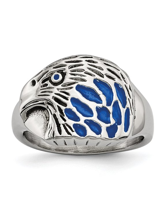 Chisel Stainless Steel Polished and Textured Blue Enamel Eagle Ring