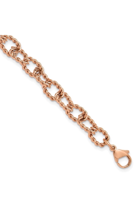 Stainless Steel Polished and Textured Rose IP-plated Open Link 7 inch Plus a 1 inch Extension Bracelet