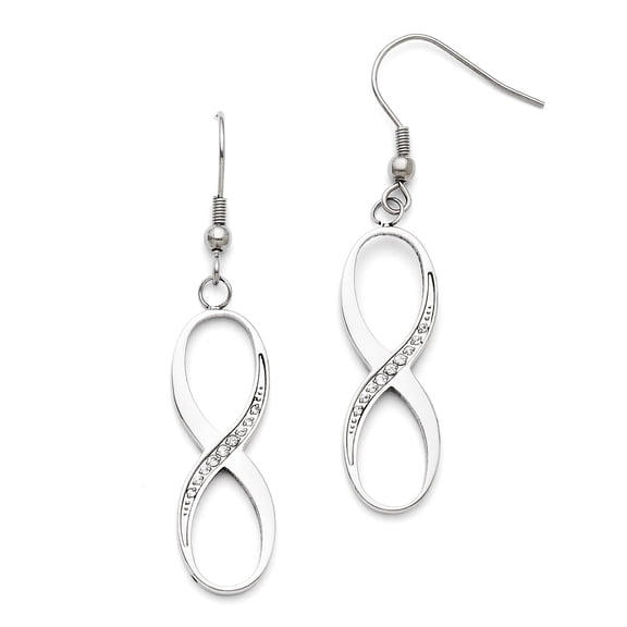 Chisel  Stainless Steel Polished with CZ Infinity Dangle Shepherd Hook Earrings