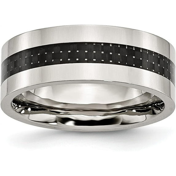 Chisel Stainless Steel Polished with Black Carbon Fiber Inlay 8.2mm Flat Band - Ring Size 8.0