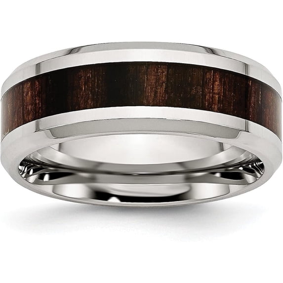 Chisel Stainless Steel Polished with Black Koa Wood Inlay Enameled 8.2mm Band - Ring Size 10.0
