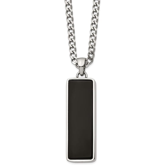 Chisel Stainless Steel Polished with Black Onyx Inlay Rectangle Pendant on a Curb Chain Necklace - 22"