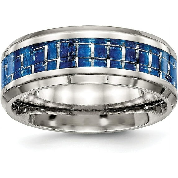 Chisel Stainless Steel Polished with Blue Carbon Fiber Inlay 8.2mm Beveled Edge Band - Ring Size 10.5