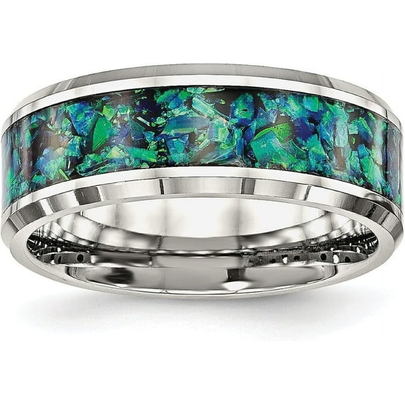 Chisel Stainless Steel Polished with Blue Imitation Opal Inlay 8.2mm Band - Ring Size 13.0
