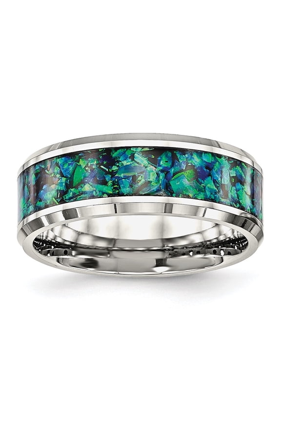 Chisel Stainless Steel Polished with Blue Imitation Opal Inlay 8mm Band