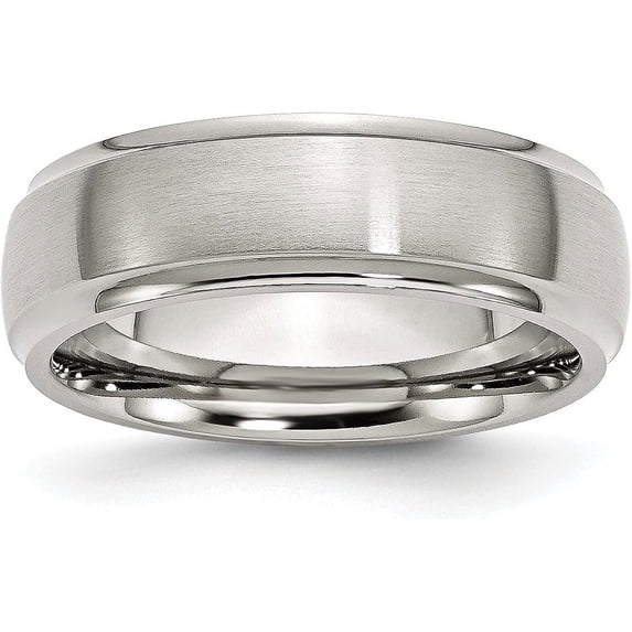 Chisel Stainless Steel Polished with Brushed Center 7.2mm Ridged Edge Band - Ring Size 9.0-7.8gm