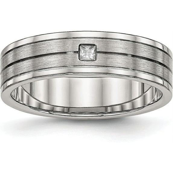 Chisel Stainless Steel Polished with Brushed Center CZ 6.2mm Grooved Band - Ring Size 9.5