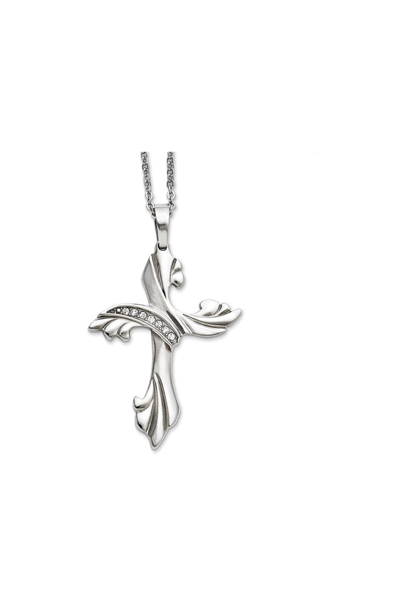 Chisel Stainless Steel Polished with CZ Swirl Cross Pendant on a 20 inch Cable Chain Necklace