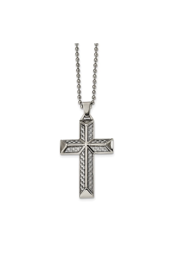 Stainless Steel Polished with Grey Carbon Fiber Inlay Cross Pendant on a 24 inch Ball Chain Necklace