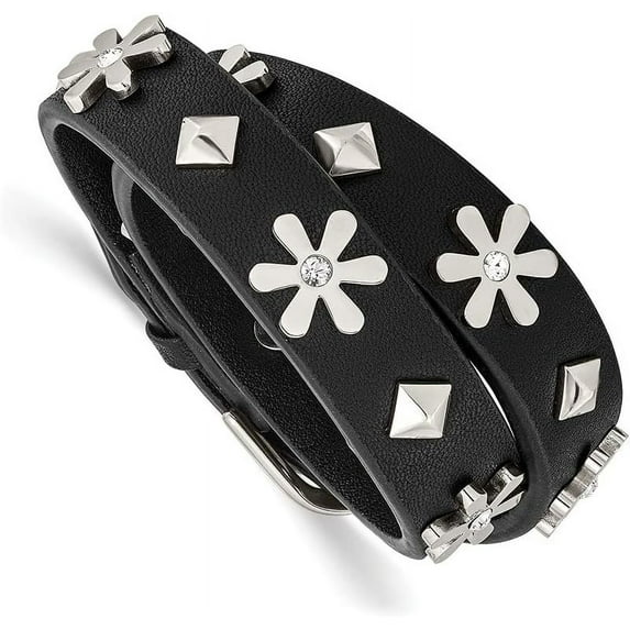 Chisel Stainless Steel Polished with Crystal from Swarovski Flower Studded Black Leather Adjustable Bracelet - 15" Chain