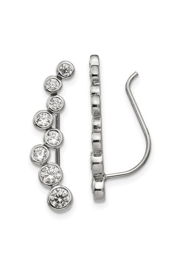 Lex & Lu Chisel Stainless Steel Polished w/CZ Ear Climbers