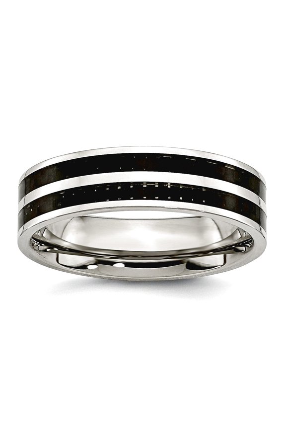 Stainless Steel Flat Band 6mm Double Row Black Carbon Fiber Inlay Polished Band Ring Size 12 Ring for Women and Men