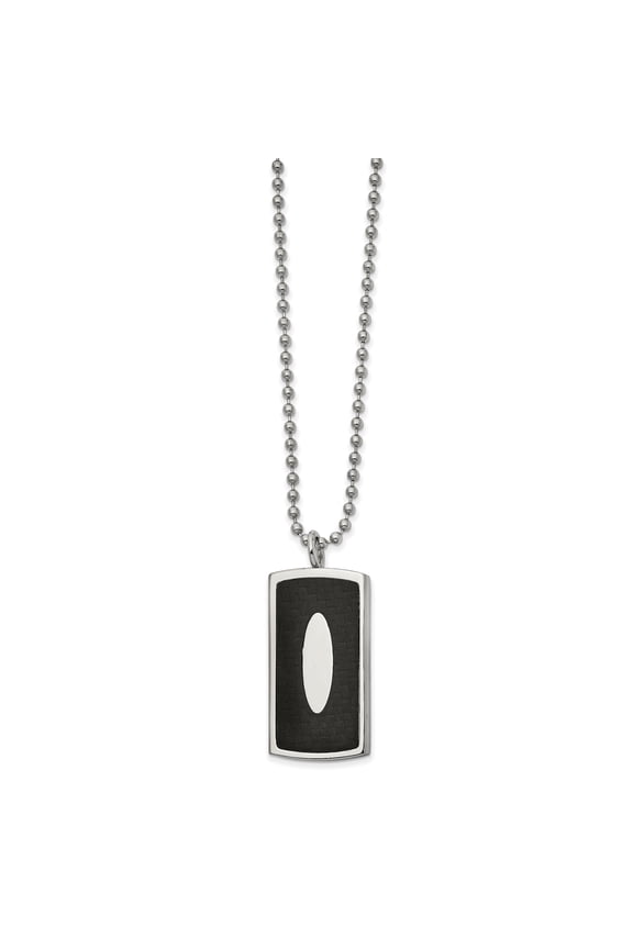 Stainless Steel Polished with Genuine Black Leather Inlay Dog Tag 22-inch Necklace