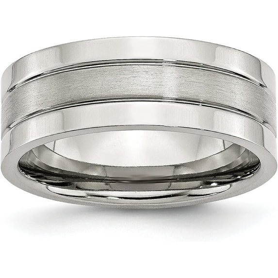 Chisel Stainless Steel Polished with Satin Center 8.2mm Grooved Band - Ring Size 12.5