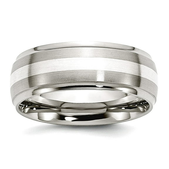 Stainless Steel 925 Sterling Silver Inlay Ridged Edge 8mm Brushed and Polished Ring Size 9.5 Ring for Women