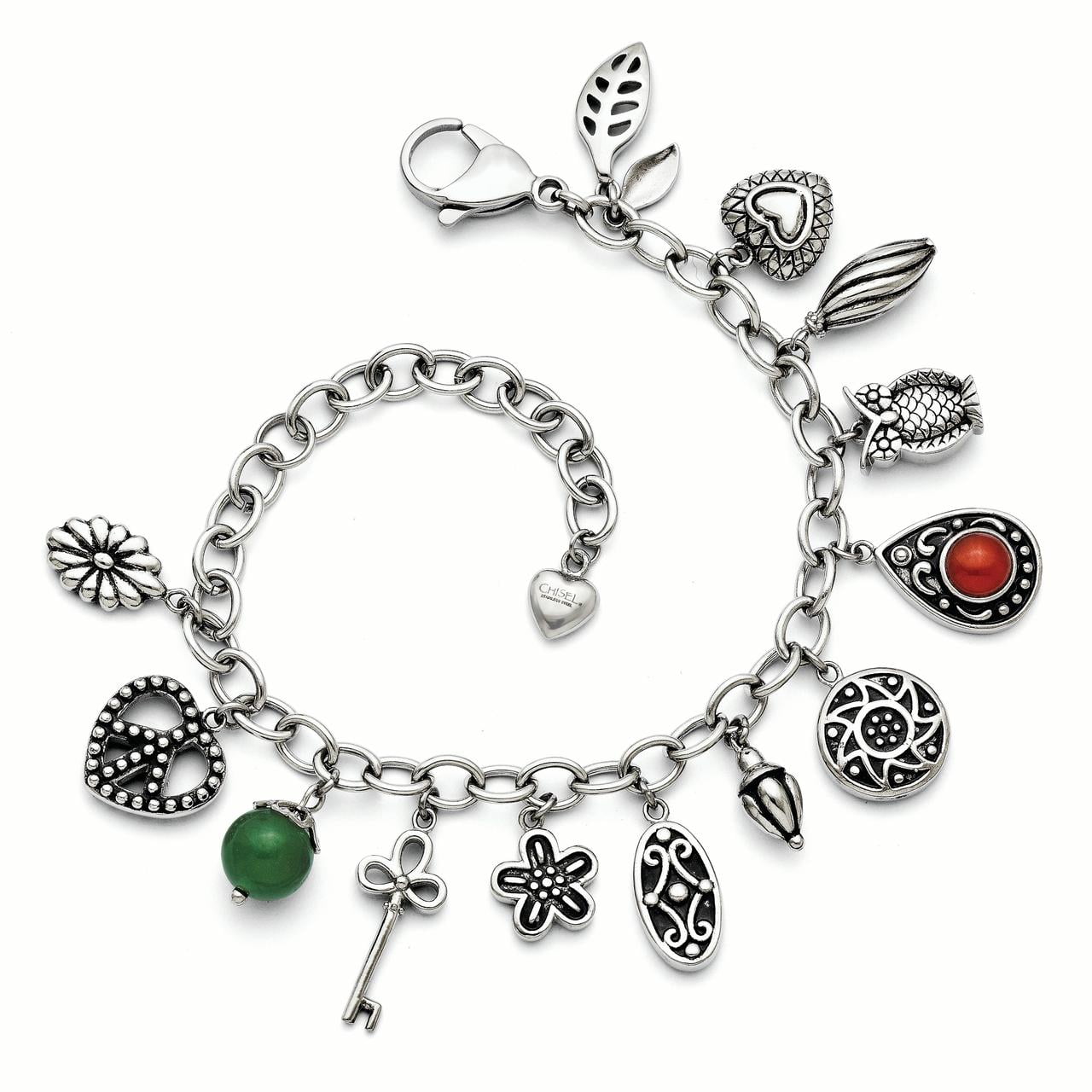Chisel Stainless Steel Synthetic Jade and Red Glass with 2in Ext. Charm Bracelet