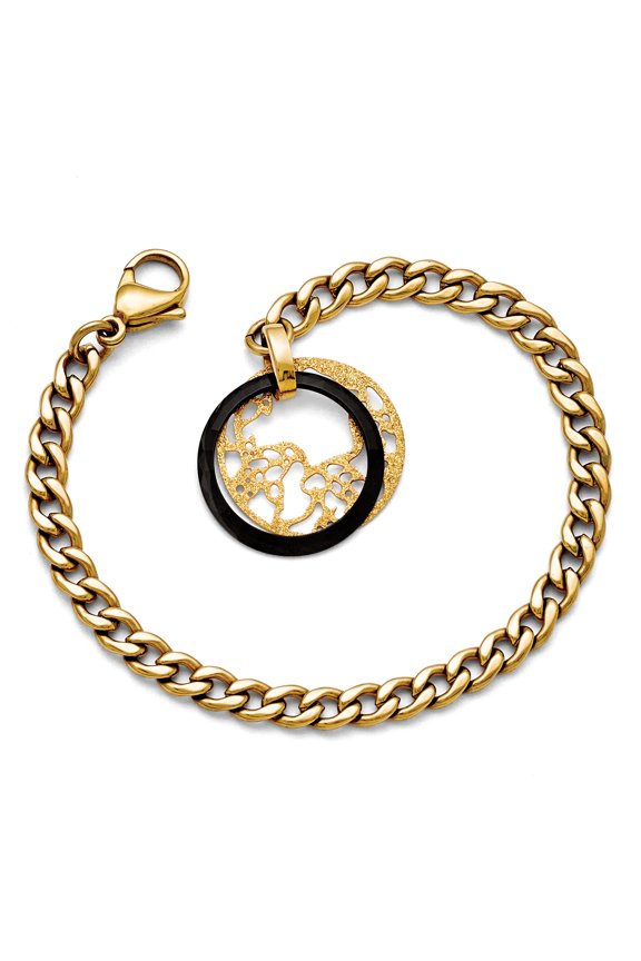 Chisel Stainless Steel Yellow IP-plated Black Ceramic Polished & Lasercut Circle Bracelet