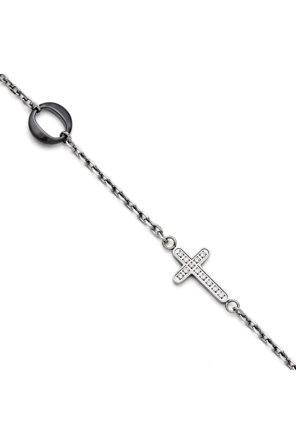 Chisel Stainless Steel and Ceramic Polished Sideways Cross CZ Bracelet