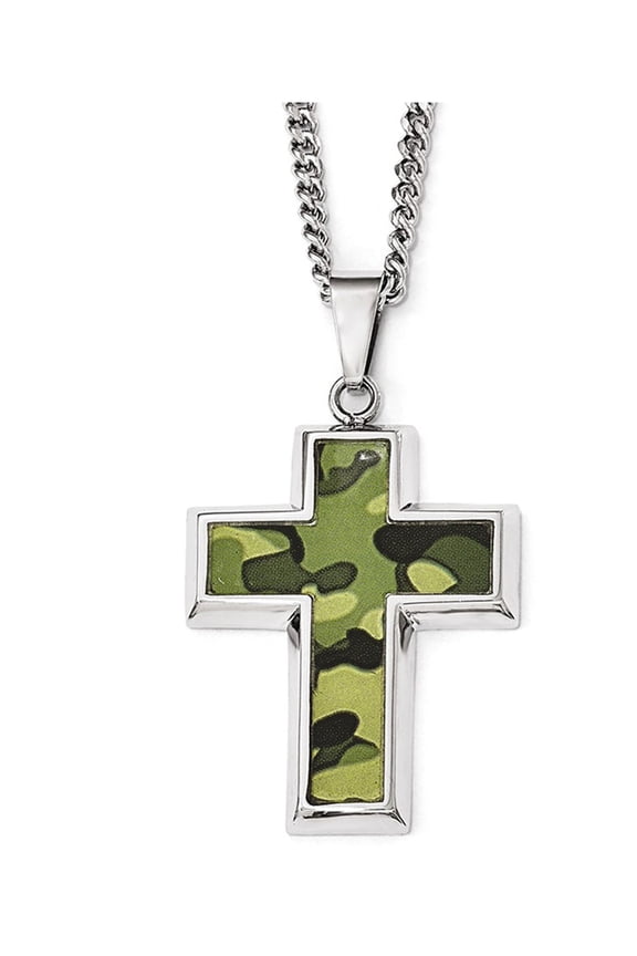 Chisel Stainless Steel Polished Printed Green Camo Under Rubber Cross Pendant on a 22 inch Curb Chain Necklace