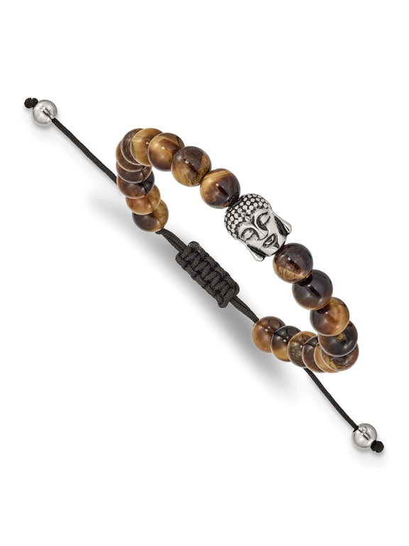 Tiger's Eye & Buddha Wrap Bracelet in Stainless Steel & Black Macrame, 6.8 Inch