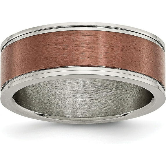 Chisel Titanium Brushed Center Brown IP-plated 8.2mm Grooved Edge Band - Ring Size 7.0