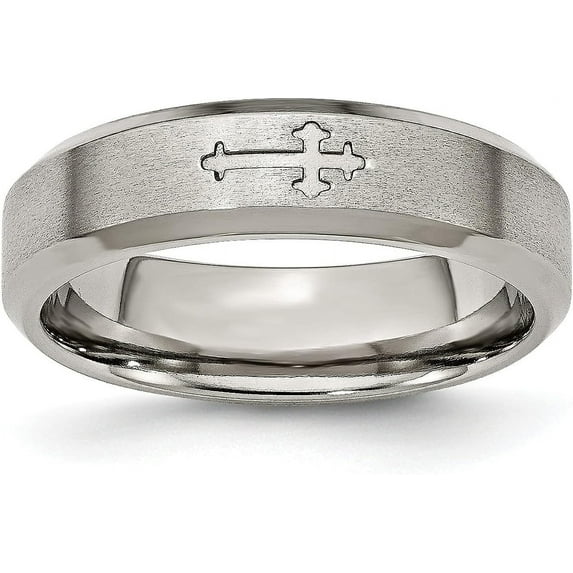 Chisel Titanium Brushed Center Cross Design 6.2mm Beveled Edge Band - Ring Size 12.0