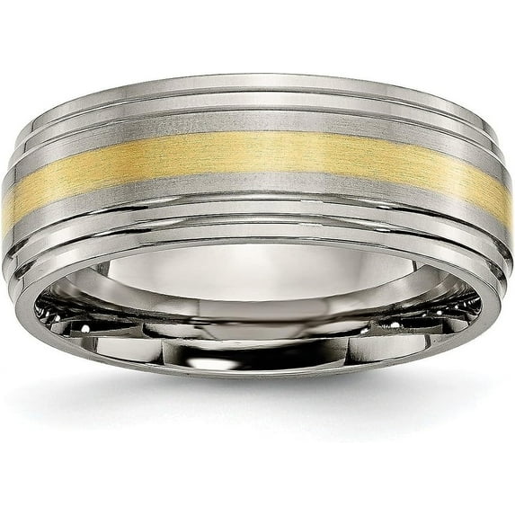 Chisel Titanium Brushed Center with 14k Gold Inlay 8.2mm Ridged Edge Band - Ring Size 9.0