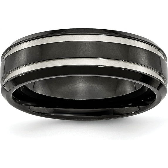 Chisel Titanium Brushed and Polished Black IP-plated 7.2mm Grooved Band - Ring Size 12.5