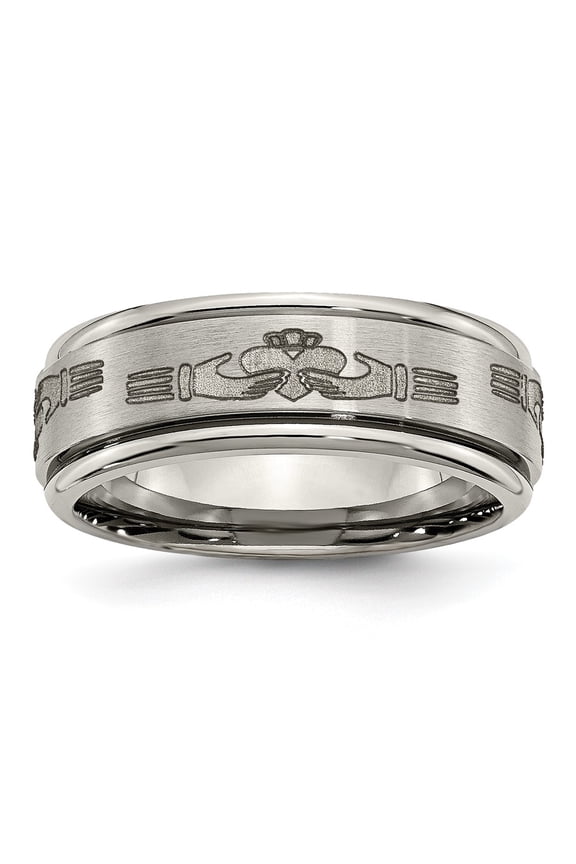 Chisel Titanium Brushed and Polished Claddagh Laser Design 8mm Ridged Edge Band