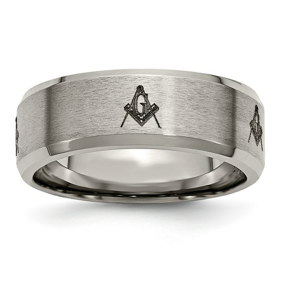 Chisel Titanium Brushed and Polished Masonic Laser Design 8mm Beveled Edge Band