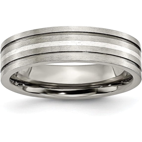 Chisel Titanium Brushed with Sterling Silver Inlay 6.2mm Grooved Band - Ring Size 6.0