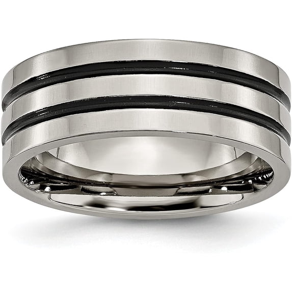 Chisel Titanium Polished Black Enamel Grooved 8.2mm Flat Band - Ring Size 12.5