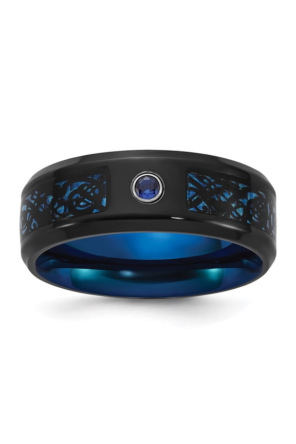 Titanium Polished Black and Blue IP-plated with Blue CZ Carbon Fiber Inlay in Clear Epoxy 8mm Band