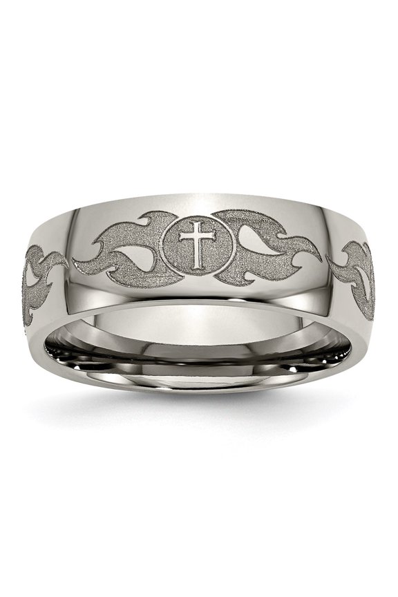 Chisel Titanium Polished Cross with Flames Laser Design 8mm Band