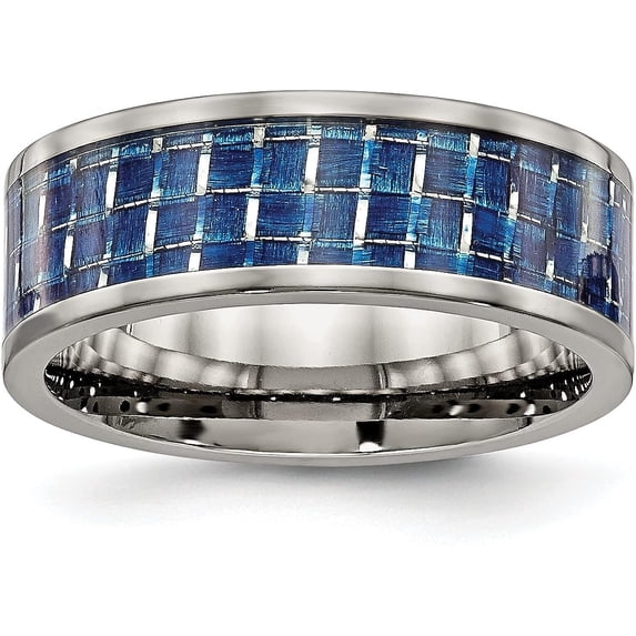 Chisel Titanium Polished with Blue Carbon Fiber Inlay 8.2mm Flat Band - Ring Size 12.5