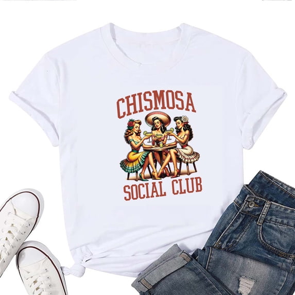Chismosa Social Club T-Shirt for Women – Funny Graphic Short Sleeve Tee, Trendy Club Shirt