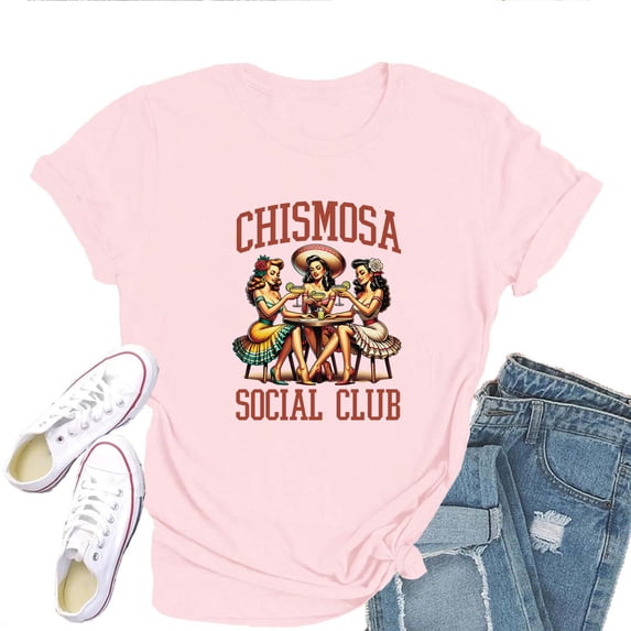 Chismosa Social Club T-Shirt for Women – Funny Graphic Short Sleeve Tee, Trendy Club Shirt