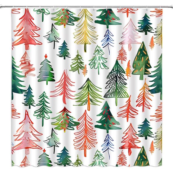Chistmas Tree Shower Curtain Red Green Pink Xmas Tree Forest Winter Holiday Cute Watercolor Extra Long Bathroom Home Curtain with Hooks,70x84 Inch