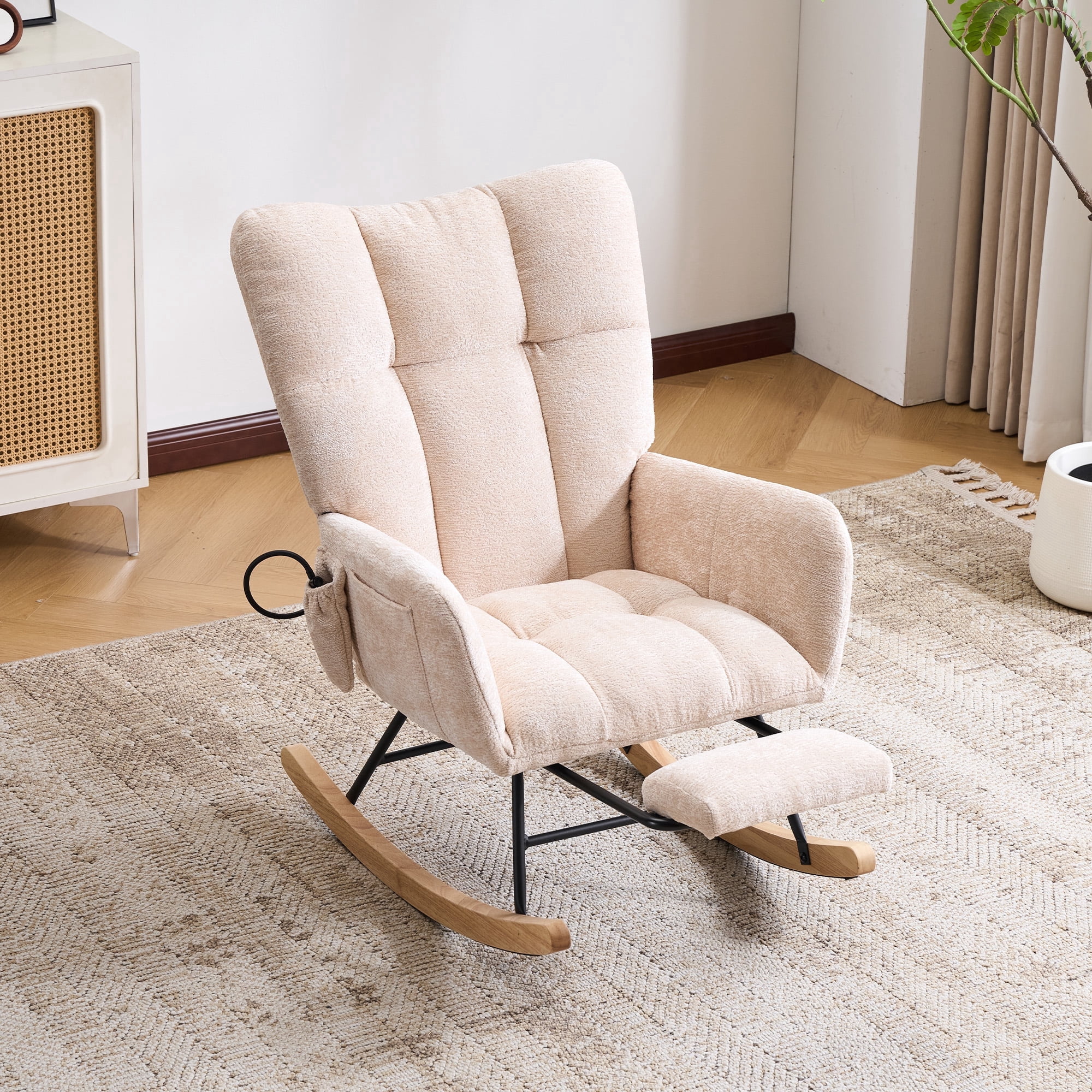 Chistronger Beige Glider Rocking Chair, Chenille Upholstered with Airbag and Footrest for Living Room & Nursery