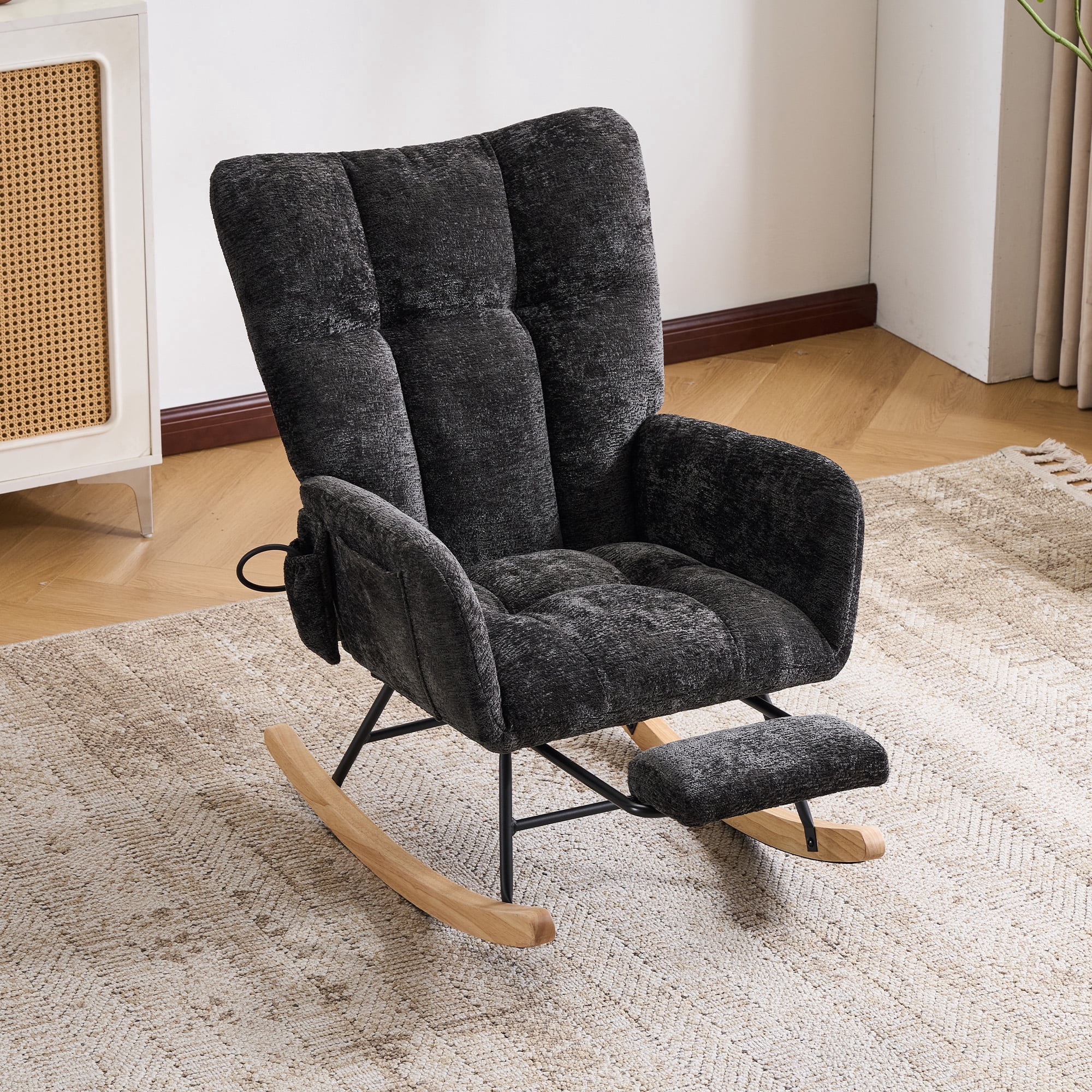 Chistronger Black Glider Rocking Chair, Chenille Upholstered with Airbag and Footrest for Living Room & Nursery