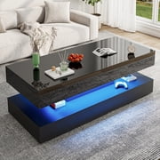 Chistwod 55" Large Black LED Coffee Table with 2 Storage Drawers, Modern High Gloss Marbling Print Coffee Table with 20 Colors LED Lights & APP Control, 2 Tiers Rectangle Living Room Furniture