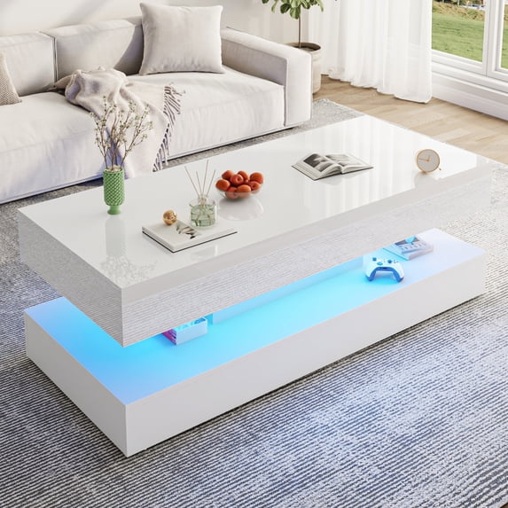 Chistwod 55" Large Black LED Coffee Table with 2 Storage Drawers, Modern High Gloss Marbling Print Coffee Table with 20 Colors LED Lights & APP Control, 2 Tiers Rectangle Living Room Furniture