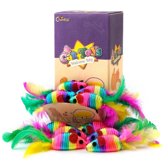 Chiwava Rattle Cat Toys Mice with Feather Rainbow Rope Mouse 24PCS 5"