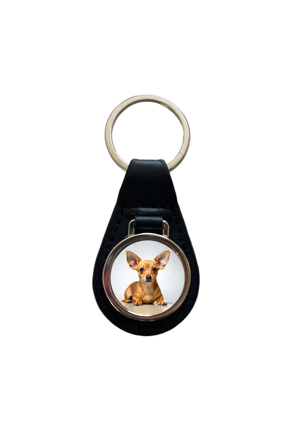 Chiweenie Dog Photo Metal Black Leather Keychain