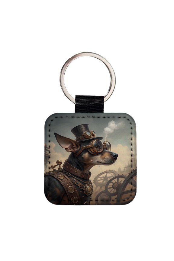 Chiweenie Dog Steampunk Faux Leather Square Keychain