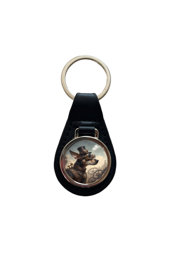 Chiweenie Dog Steampunk Metal Black Leather Keychain