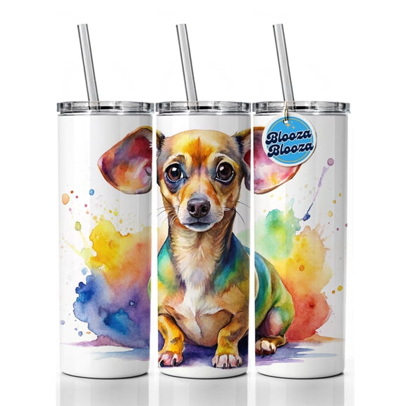 Chiweenie Dog Watercolor Style 20oz Insulated Water Bottle Skinny Tumbler Includes Straw