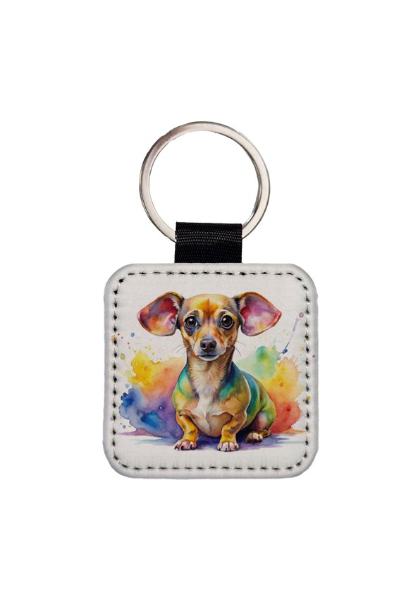 Chiweenie Dog Watercolor Style Faux Leather Square Keychain