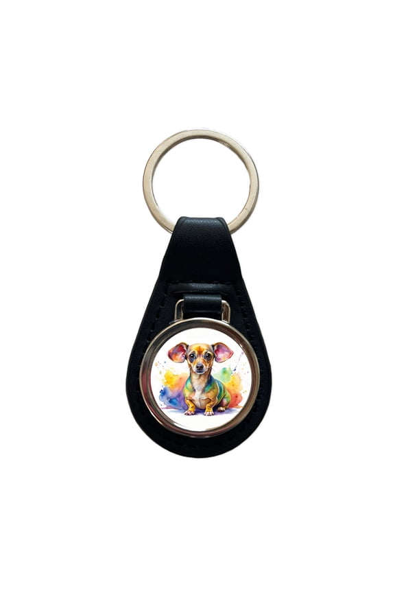 Chiweenie Dog Watercolor Style Metal Black Leather Keychain