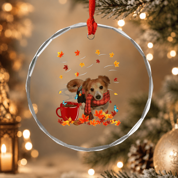 Chiweenie - Fall - Chocolate - Hot - Dog Autumn Ornament, Pet Lover Holiday Gift, Circle Glass Ornament